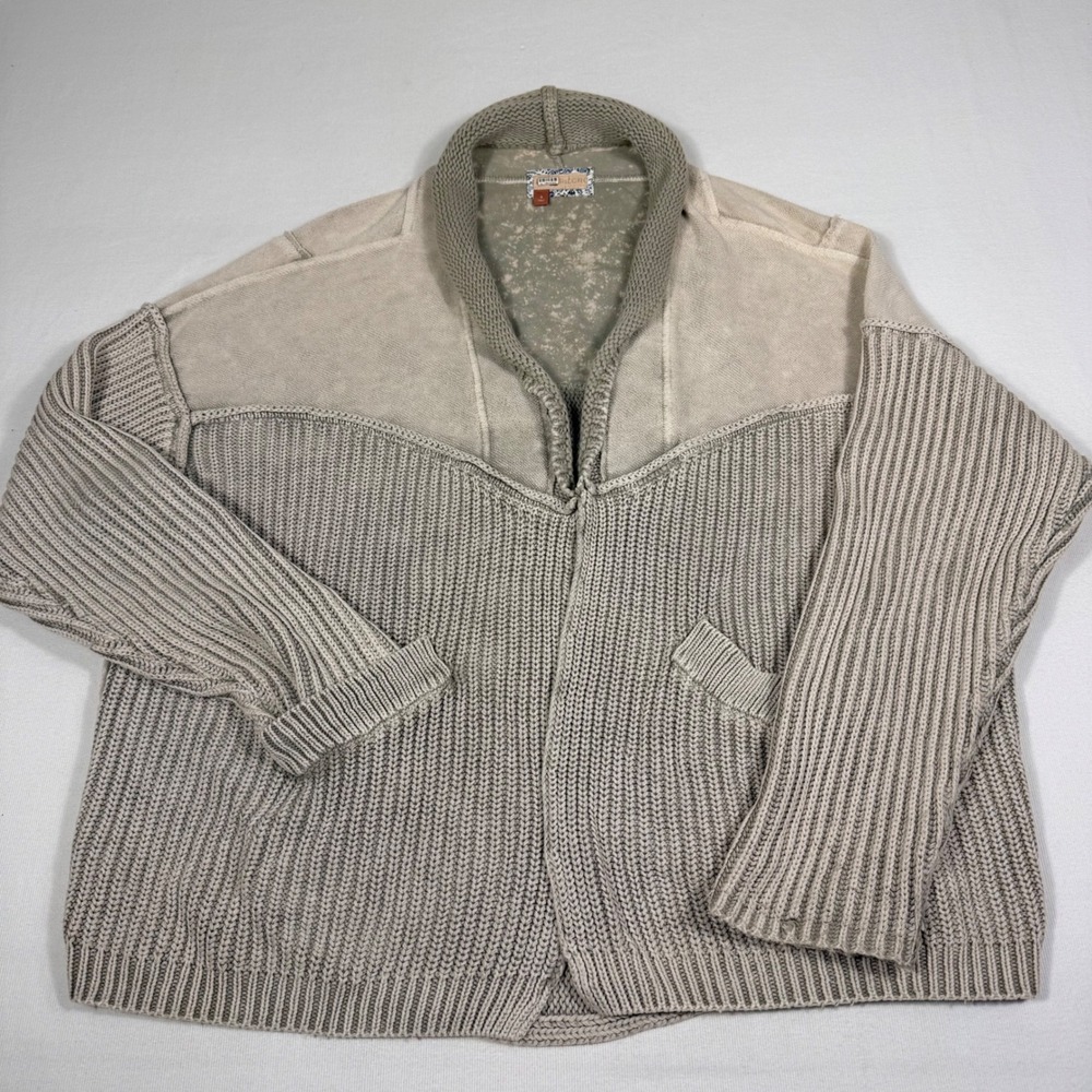 Pilcro Mixed Media Chunky Cardigan S Sage/Oatmeal Ribbed Knit Oversized